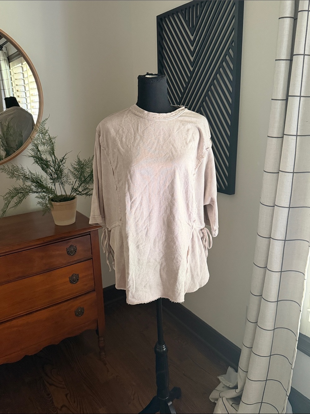 J. Her Tie-Detail Short Sleeve oatmeal top medium